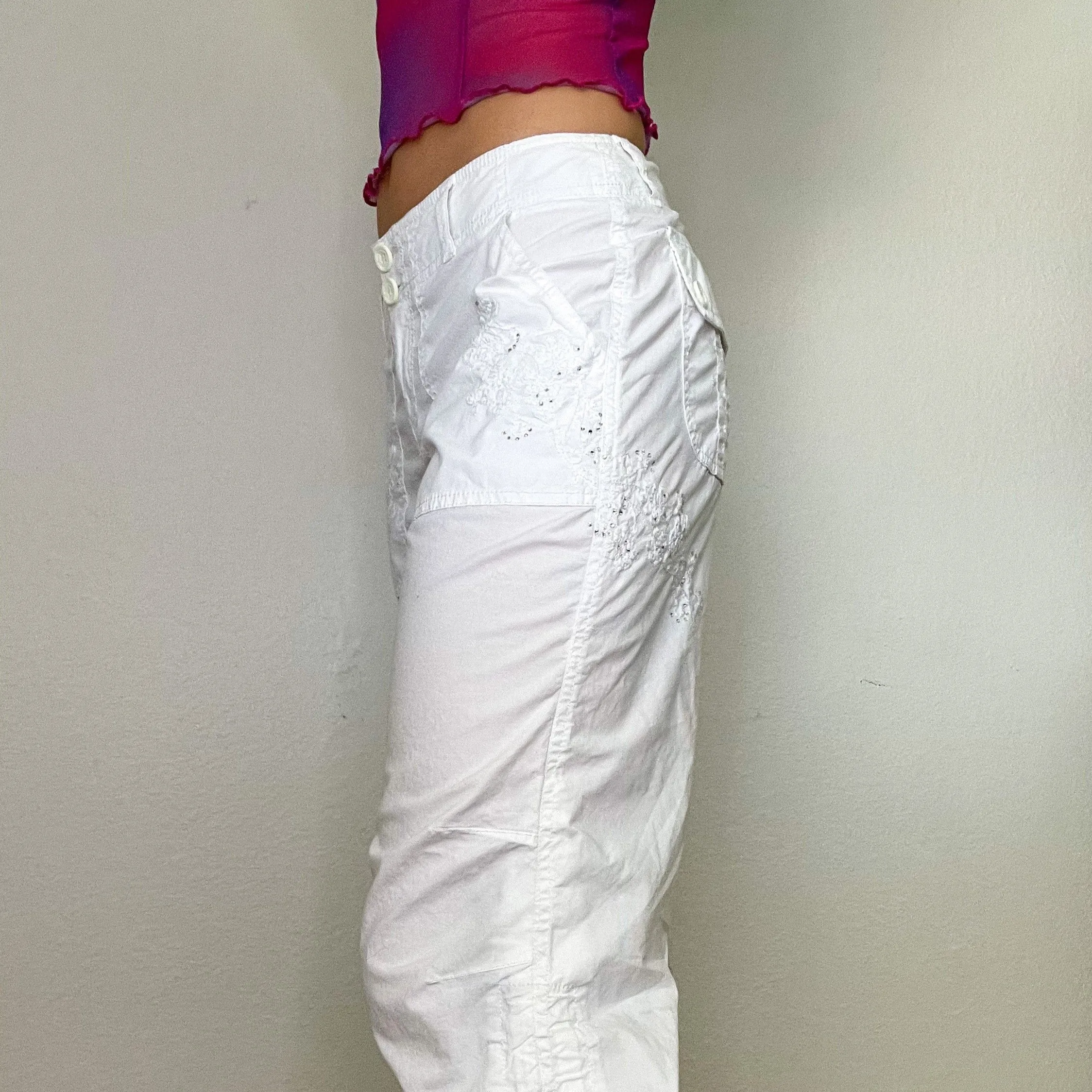 White Y2K Rhinestone Low Rise Cargo Pants