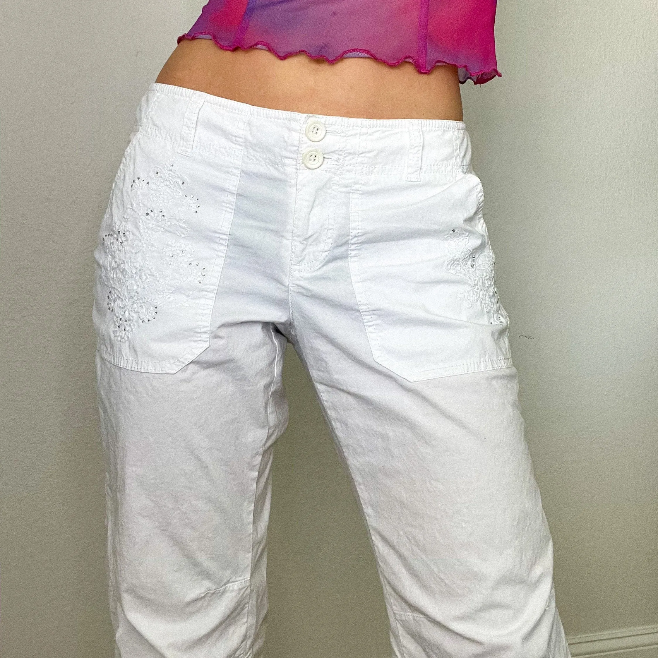 White Y2K Rhinestone Low Rise Cargo Pants