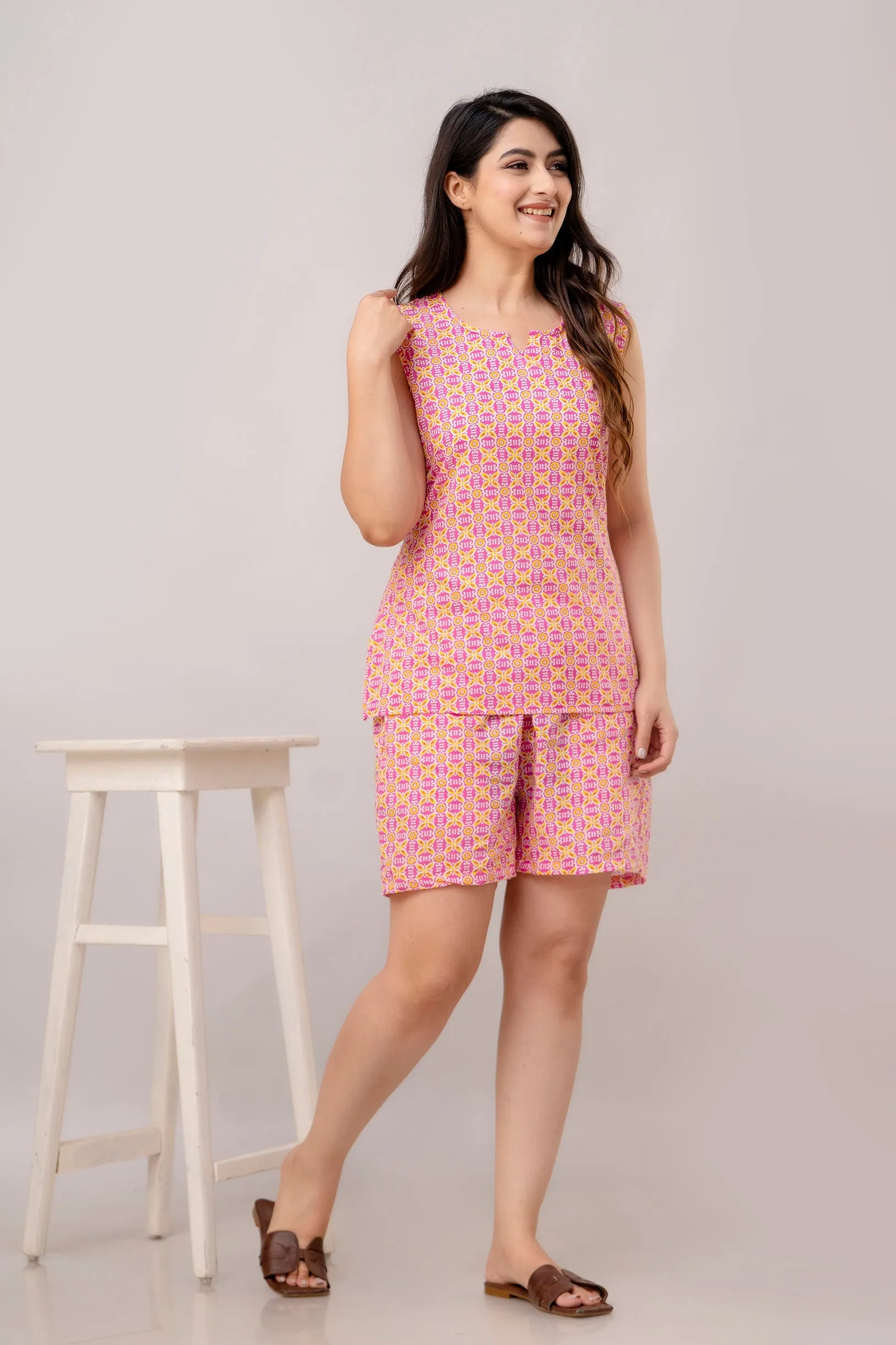 Women Abstract Hot Pink Printed Night suit
