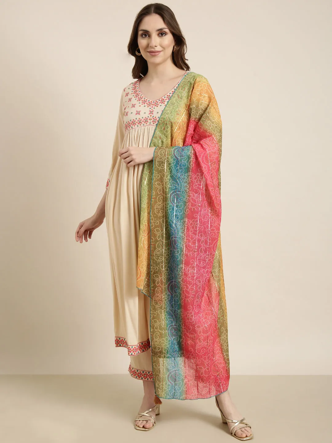 Women Anarkali Beige Solid Kurta and Trousers Set Comes With Dupatta
