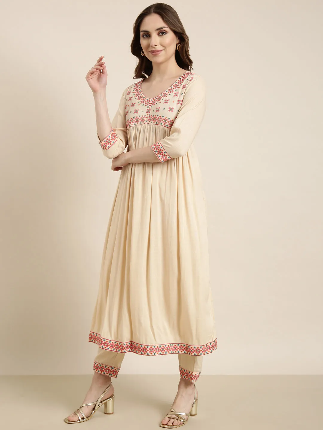 Women Anarkali Beige Solid Kurta and Trousers Set Comes With Dupatta