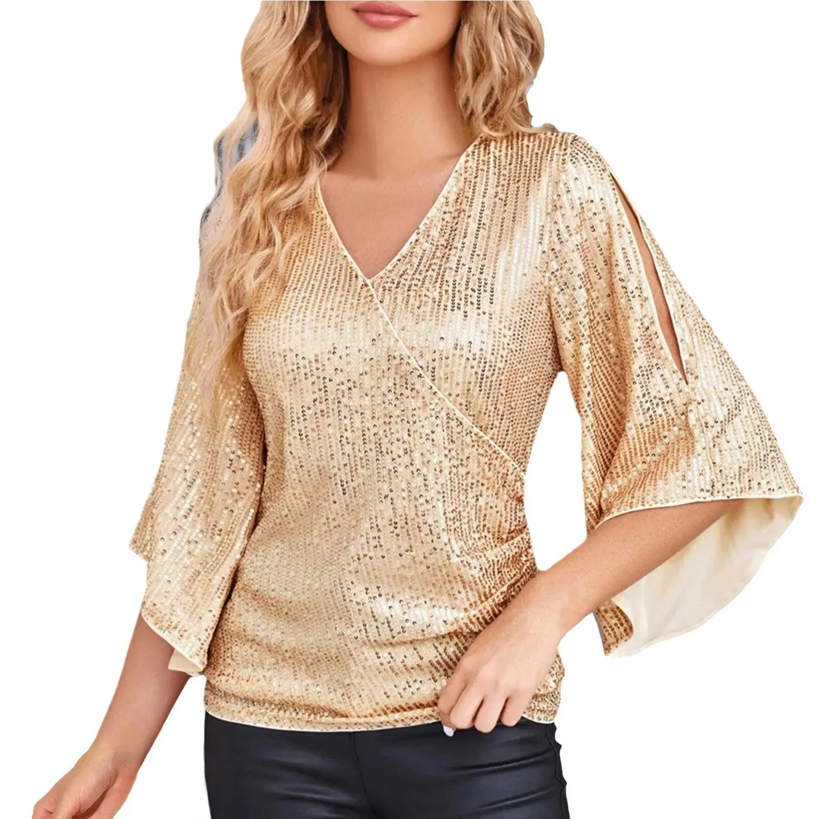 Women Blouse Sequin Tops 3/4 Sleeve Glitter Sparkly Party Blouse V Neck Dressy Tops For Evening Party Thin Chic Blusas Para Muje