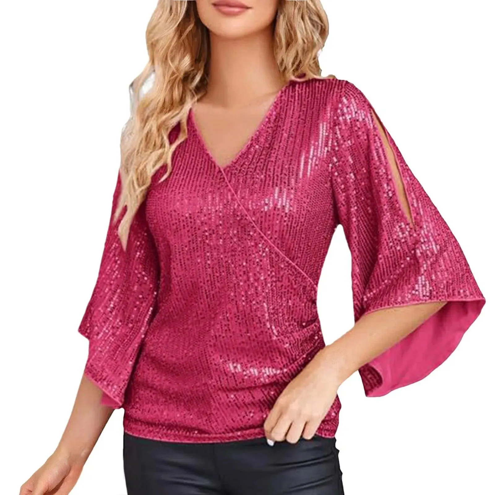 Women Blouse Sequin Tops 3/4 Sleeve Glitter Sparkly Party Blouse V Neck Dressy Tops For Evening Party Thin Chic Blusas Para Muje