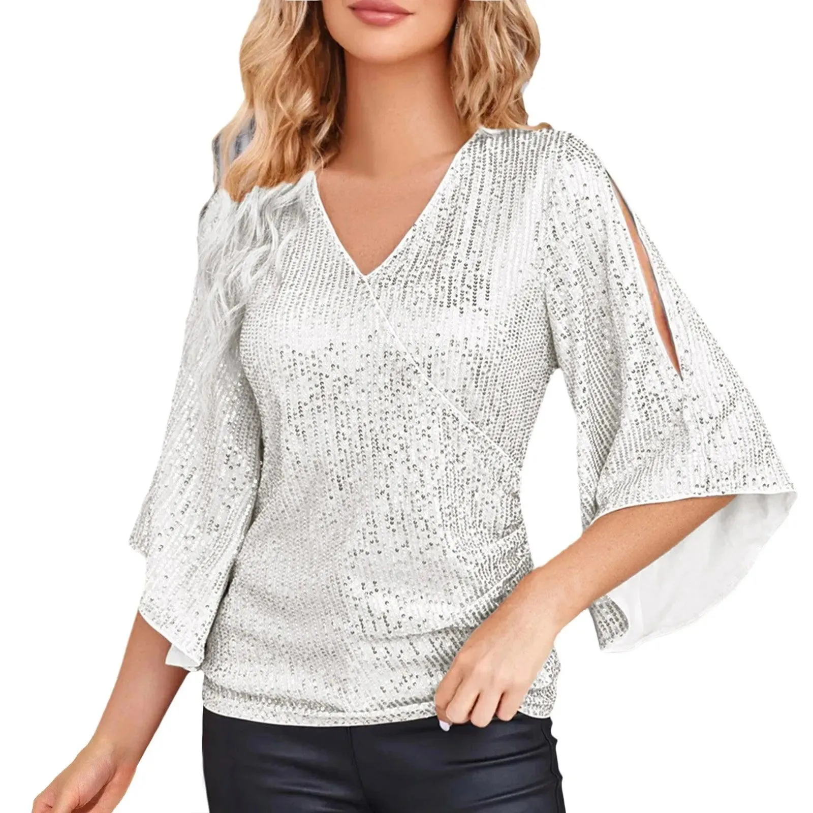 Women Blouse Sequin Tops 3/4 Sleeve Glitter Sparkly Party Blouse V Neck Dressy Tops For Evening Party Thin Chic Blusas Para Muje
