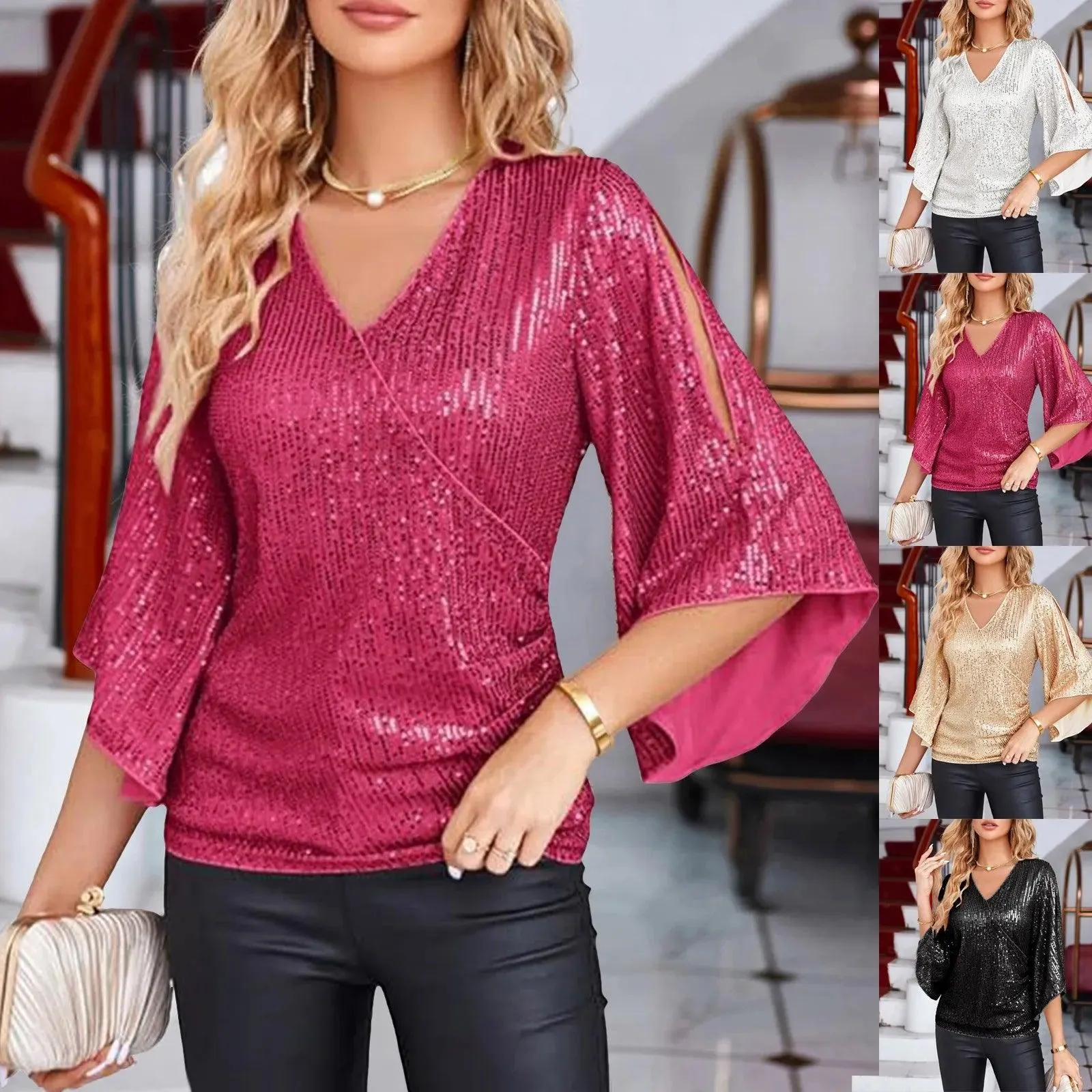 Women Blouse Sequin Tops 3/4 Sleeve Glitter Sparkly Party Blouse V Neck Dressy Tops For Evening Party Thin Chic Blusas Para Muje