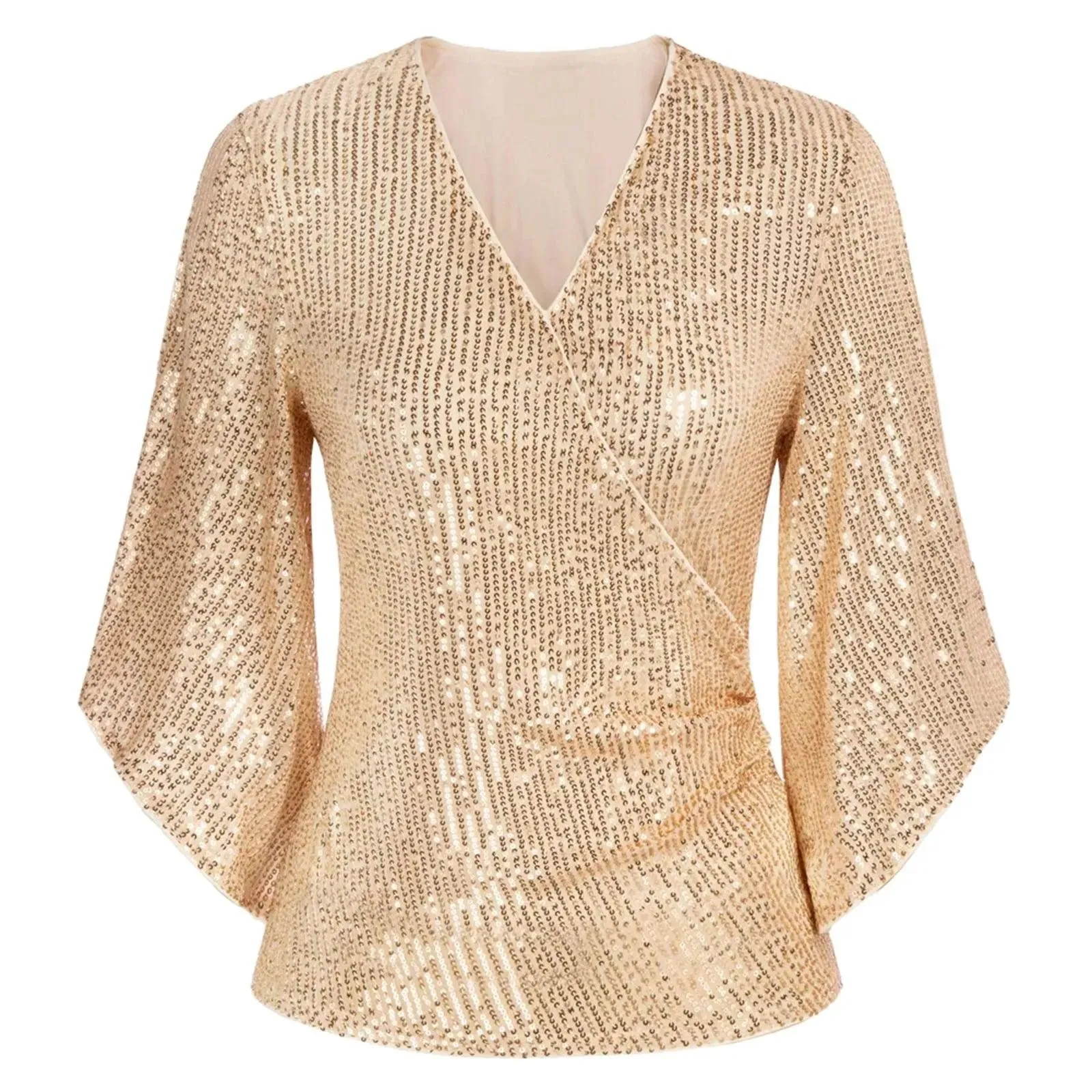 Women Blouse Sequin Tops 3/4 Sleeve Glitter Sparkly Party Blouse V Neck Dressy Tops For Evening Party Thin Chic Blusas Para Muje