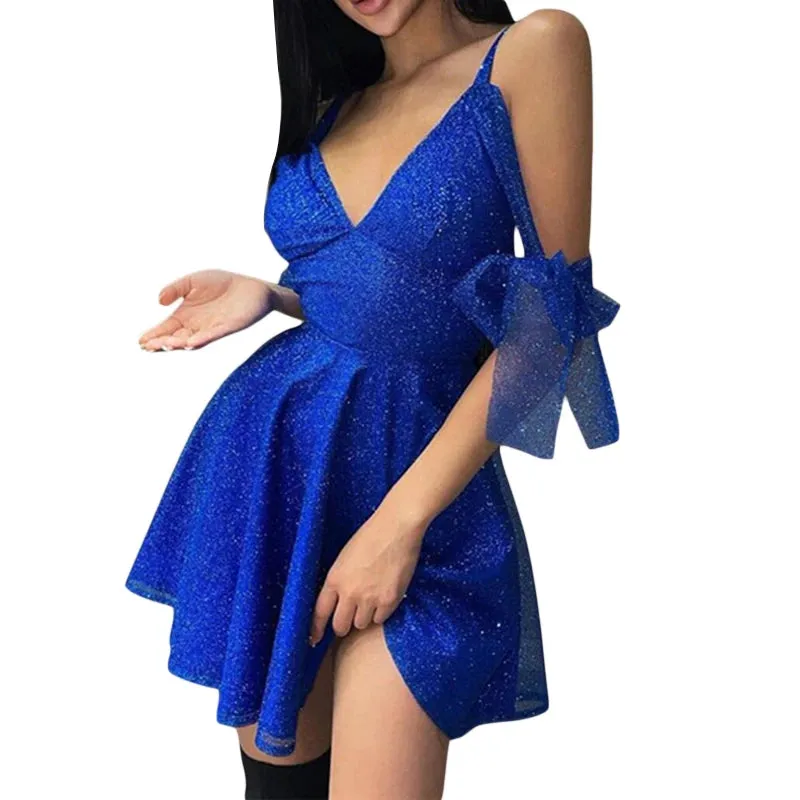 Women Fashion Shiny Off Shoulder Dress Sexy V-Neck Backless