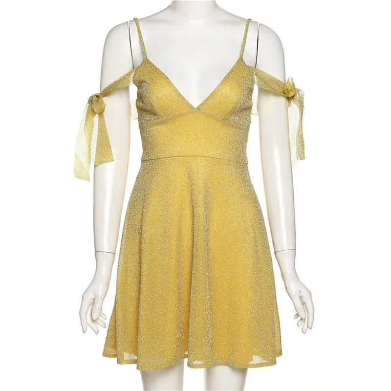 Women Fashion Shiny Off Shoulder Dress Sexy V-Neck Backless