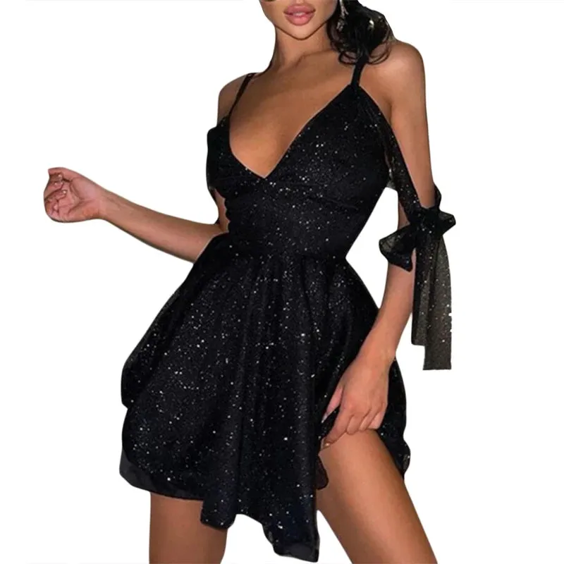 Women Fashion Shiny Off Shoulder Dress Sexy V-Neck Backless
