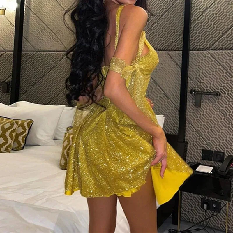 Women Fashion Shiny Off Shoulder Dress Sexy V-Neck Backless
