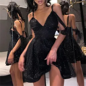 Women Fashion Shiny Off Shoulder Dress Sexy V-Neck Backless