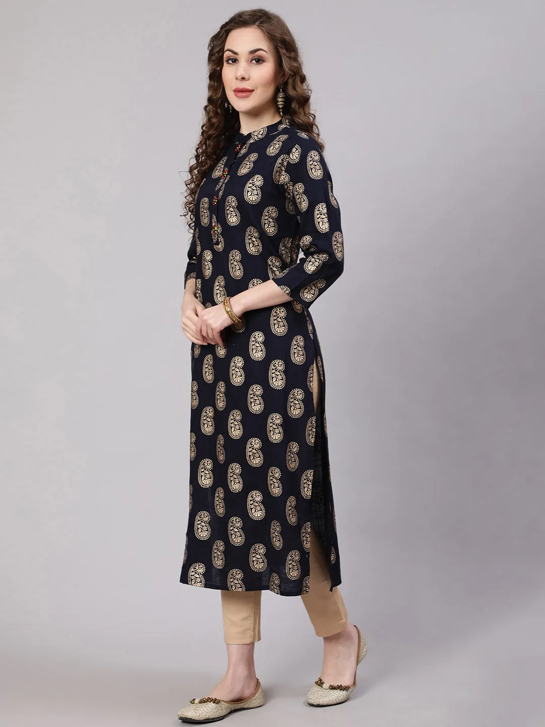 Women Navy Blue Rayon Slub Straight Kurta