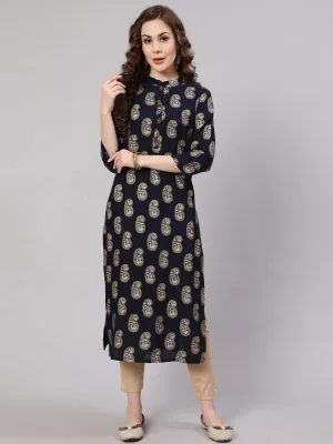 Women Navy Blue Rayon Slub Straight Kurta
