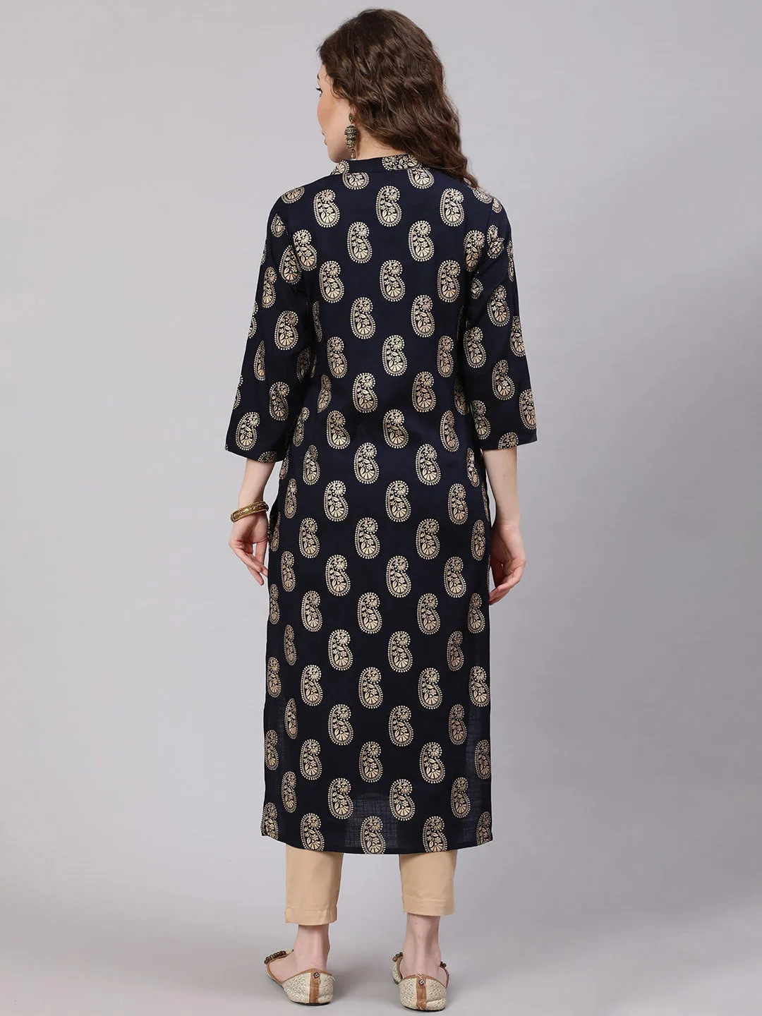 Women Navy Blue Rayon Slub Straight Kurta