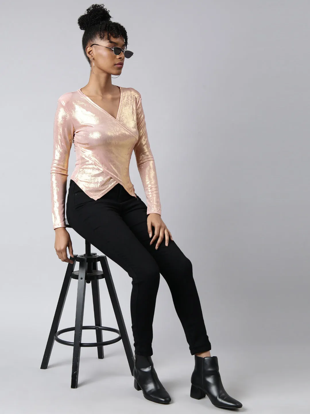 Women Peach Shimmer Wrap Top