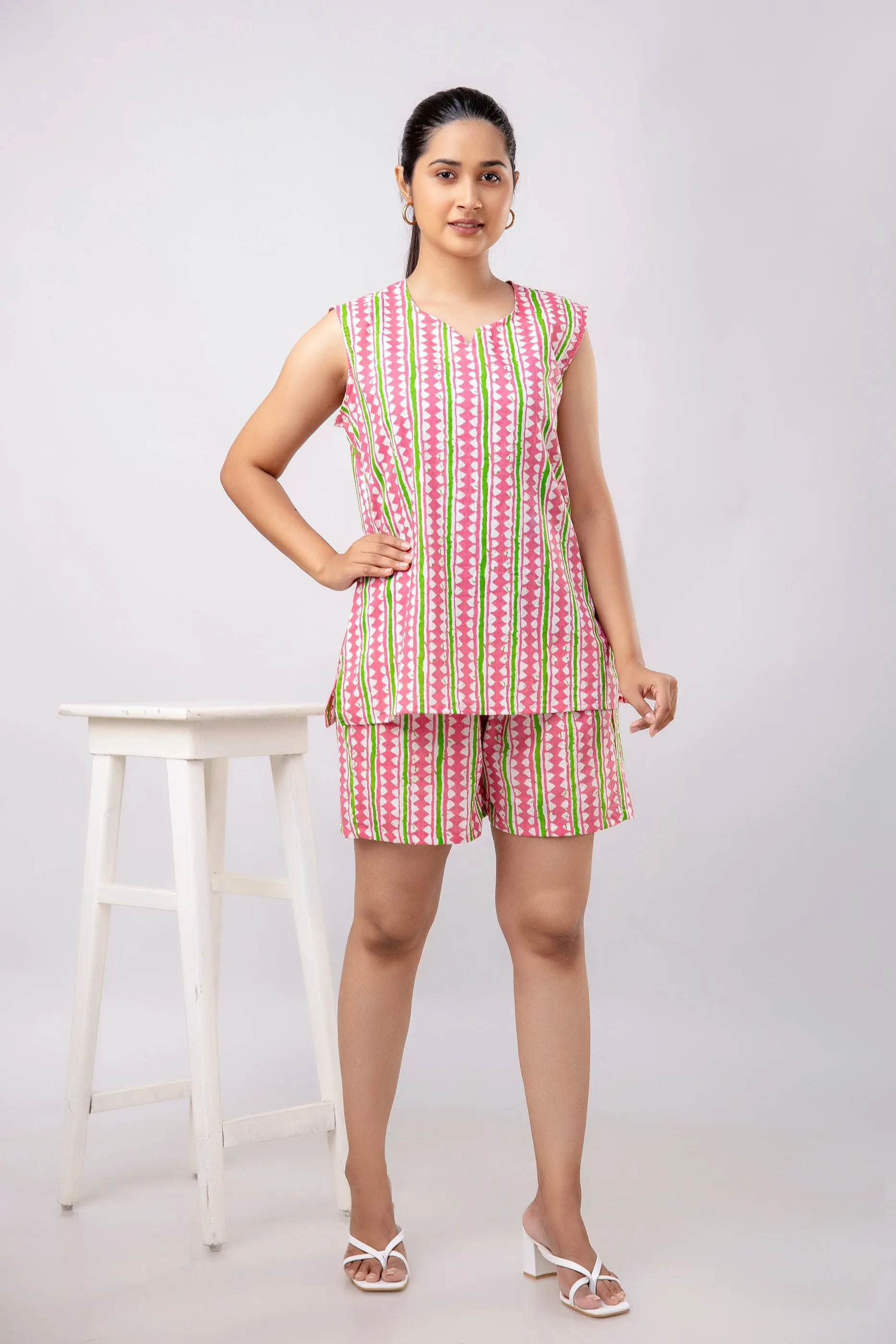 Women Pink &  Green Striped Printed Night Suit (SHKY1039)