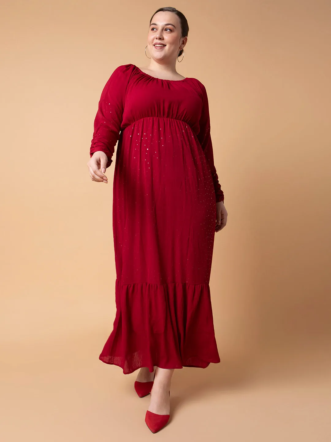 Women Solid Maroon Fit and Flare Midi Dress