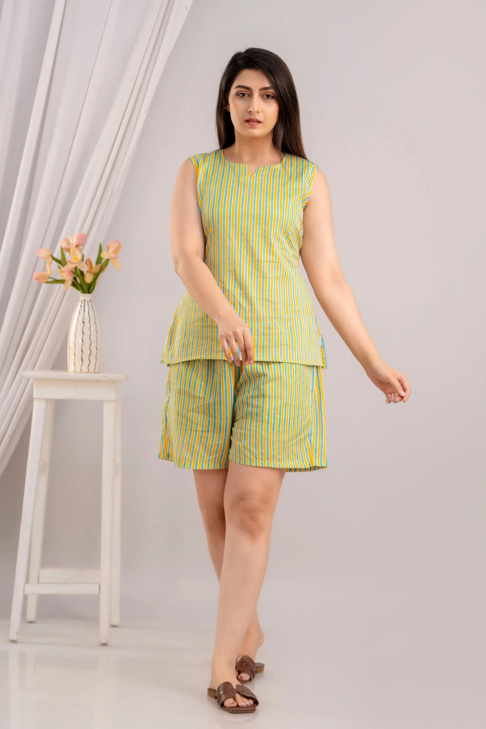 Women Vertical Striped Yellow Printed Night suit