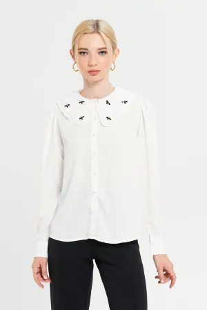 Women White Front Blouse With Detailing Collar