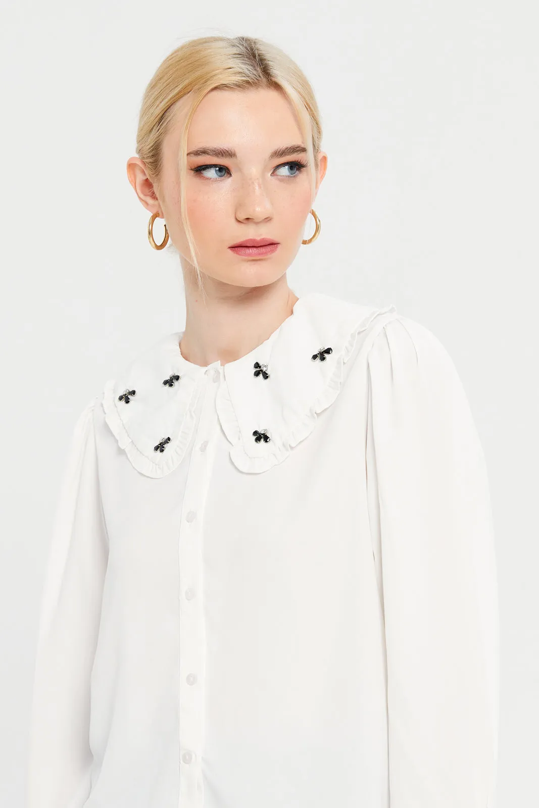 Women White Front Blouse With Detailing Collar