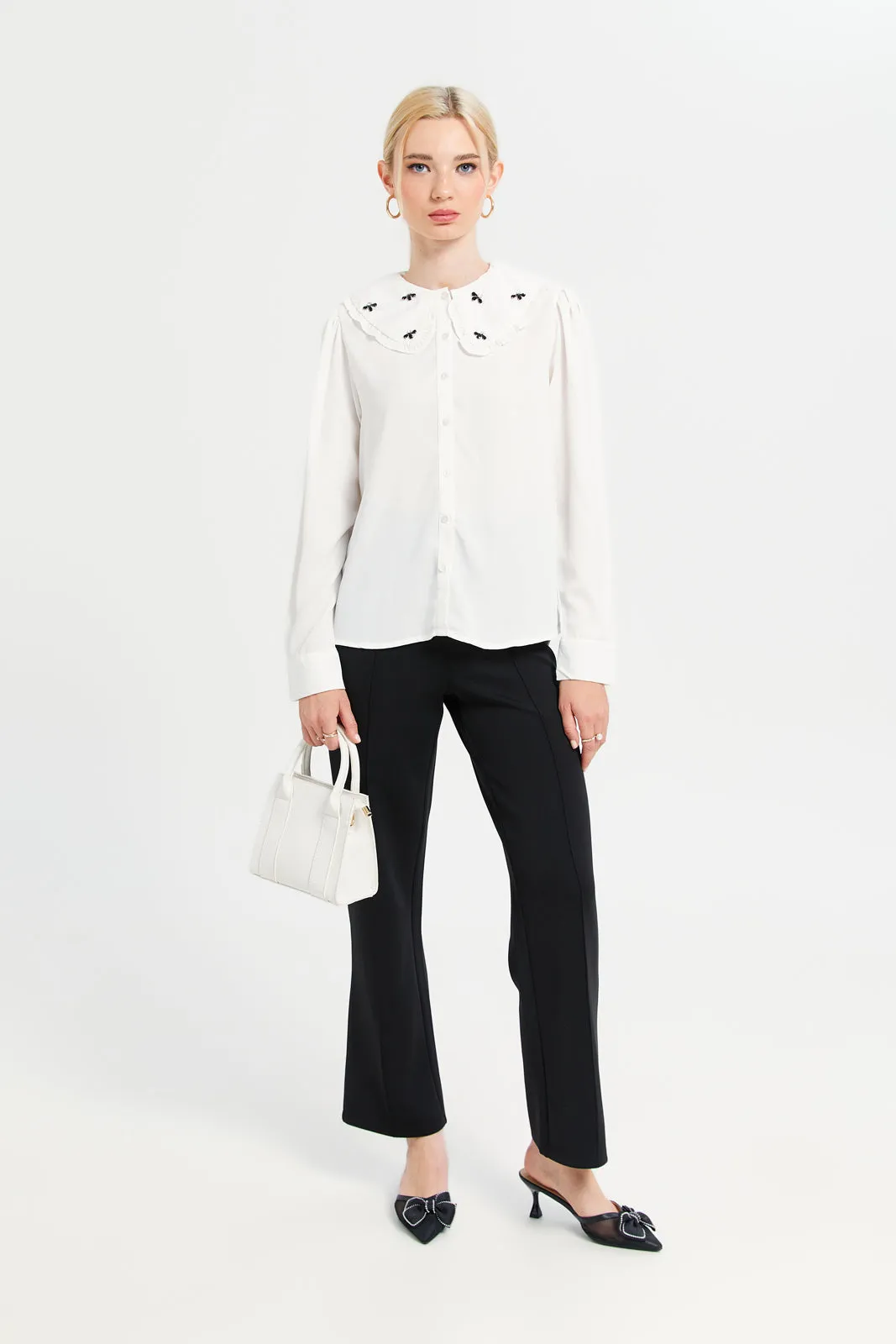 Women White Front Blouse With Detailing Collar