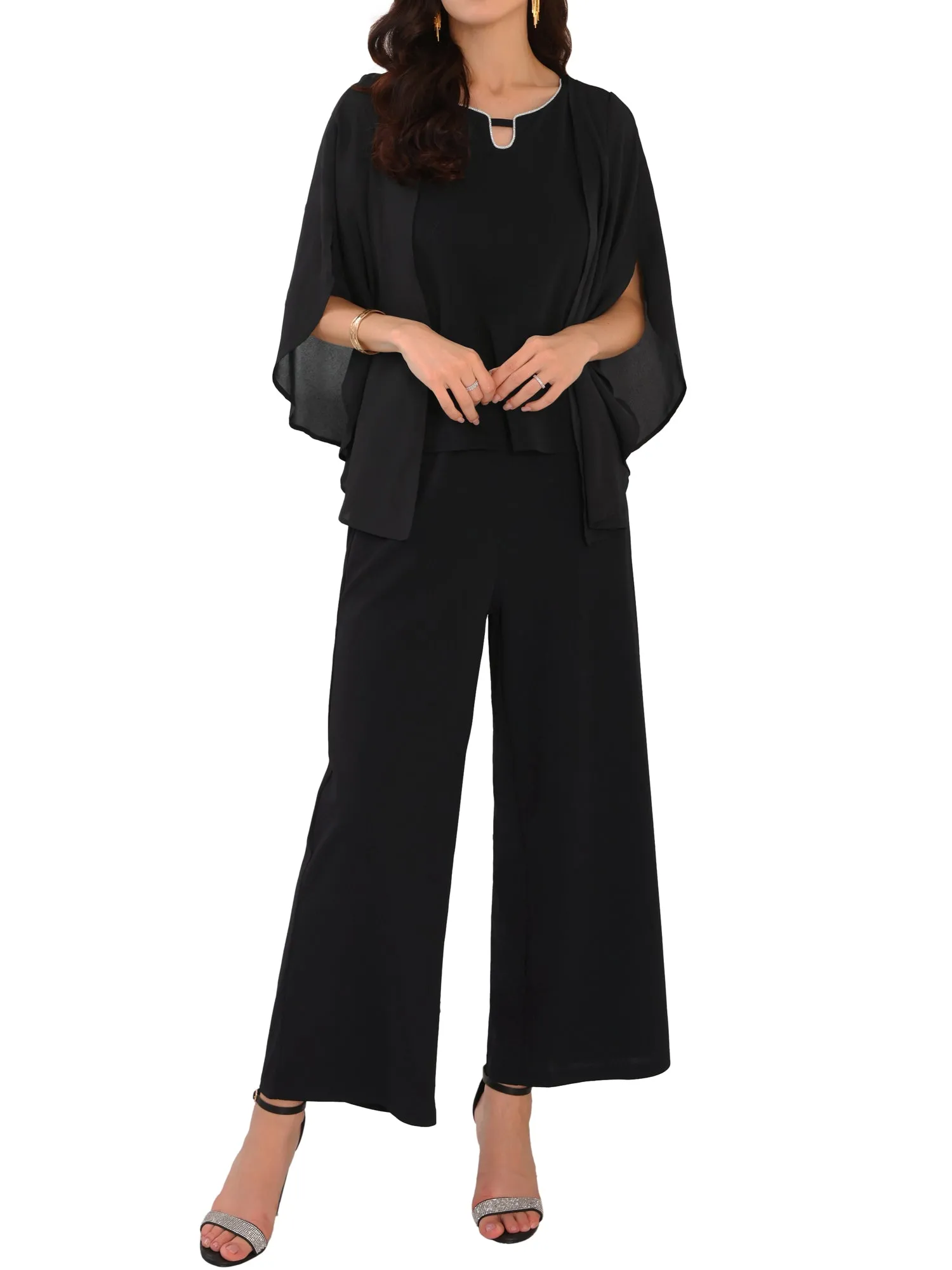 Women's 2 Pieces Sets Elegant Chiffon Sleeve Top Wide Legs Pants Mother of Bride Set