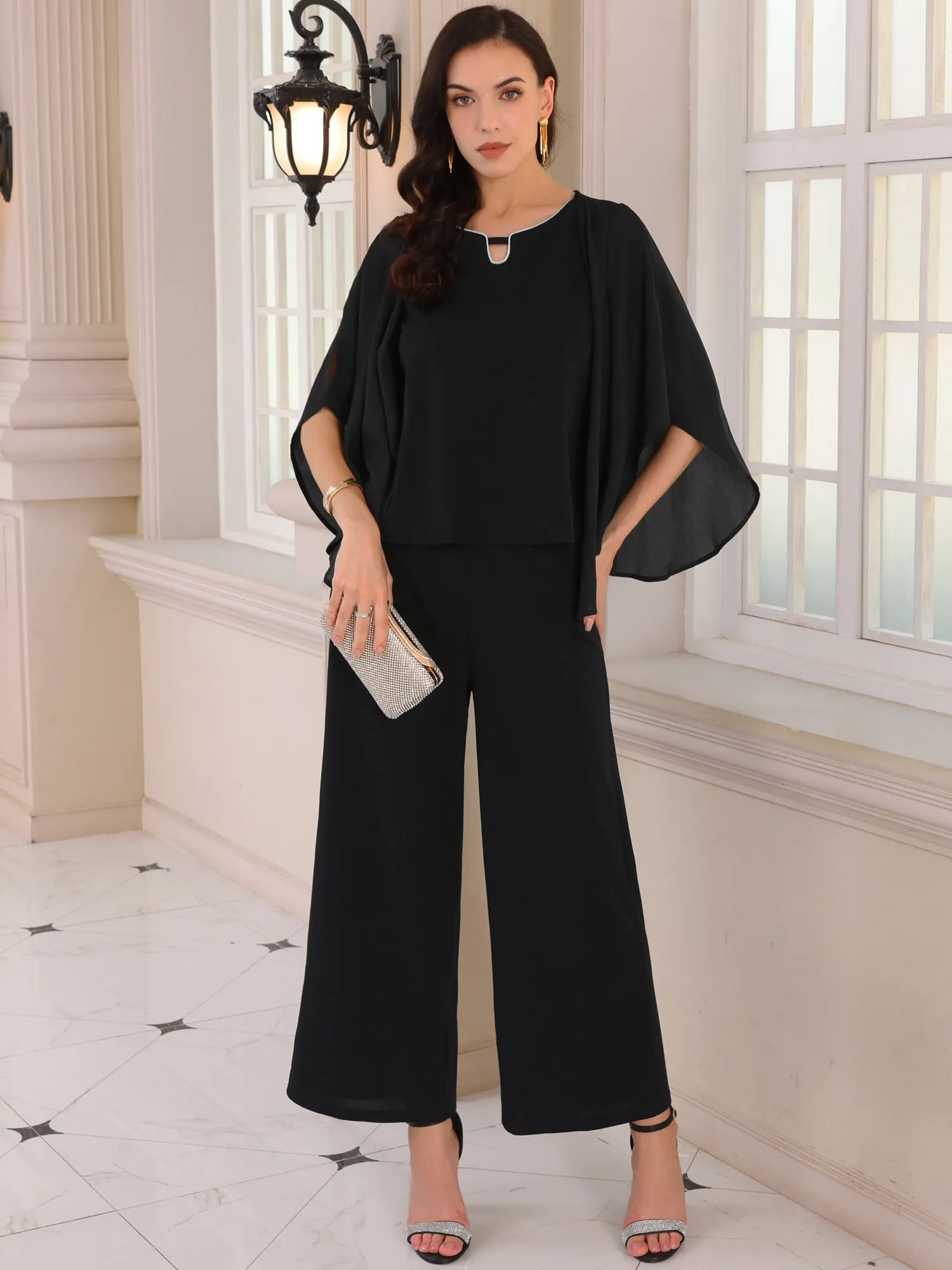 Women's 2 Pieces Sets Elegant Chiffon Sleeve Top Wide Legs Pants Mother of Bride Set