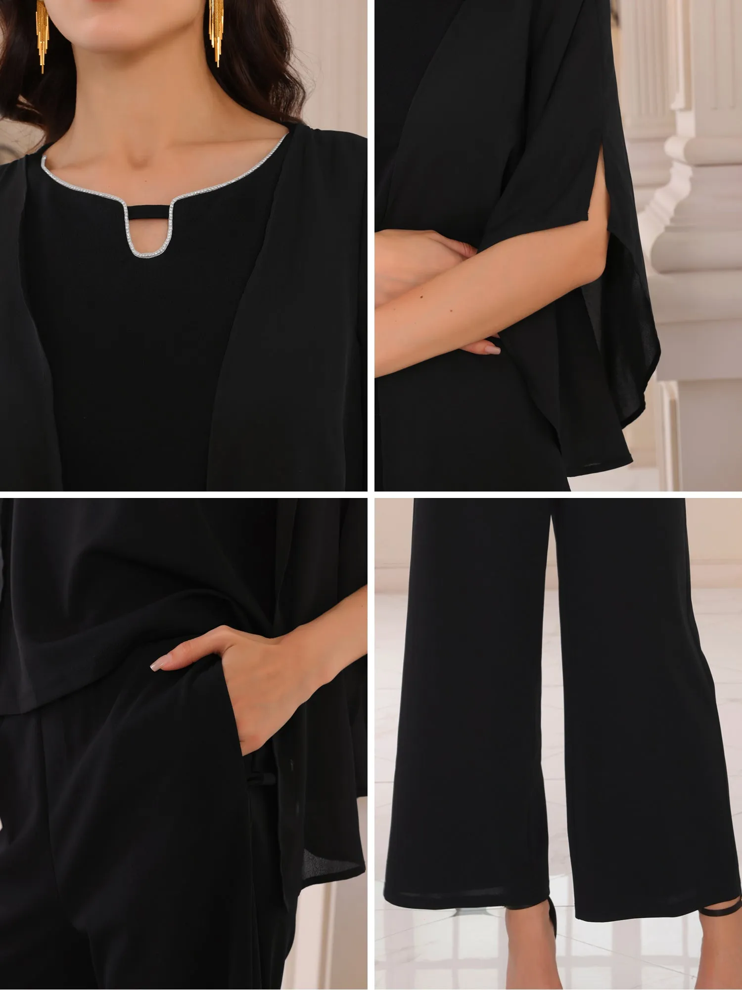 Women's 2 Pieces Sets Elegant Chiffon Sleeve Top Wide Legs Pants Mother of Bride Set