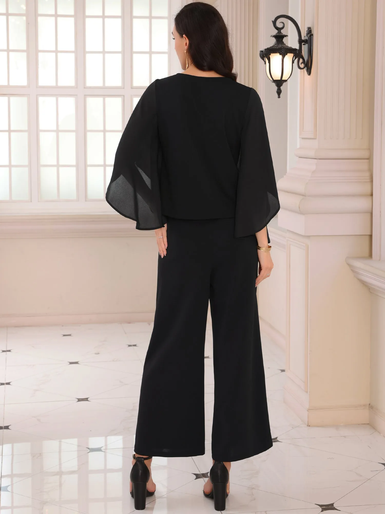Women's 2 Pieces Sets Elegant Chiffon Sleeve Top Wide Legs Pants Mother of Bride Set