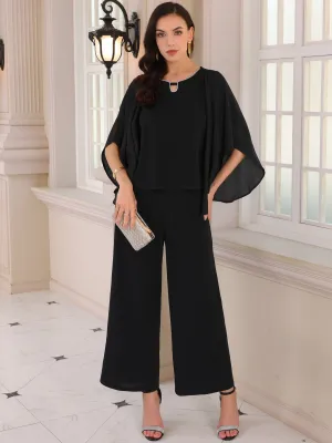 Women's 2 Pieces Sets Elegant Chiffon Sleeve Top Wide Legs Pants Mother of Bride Set
