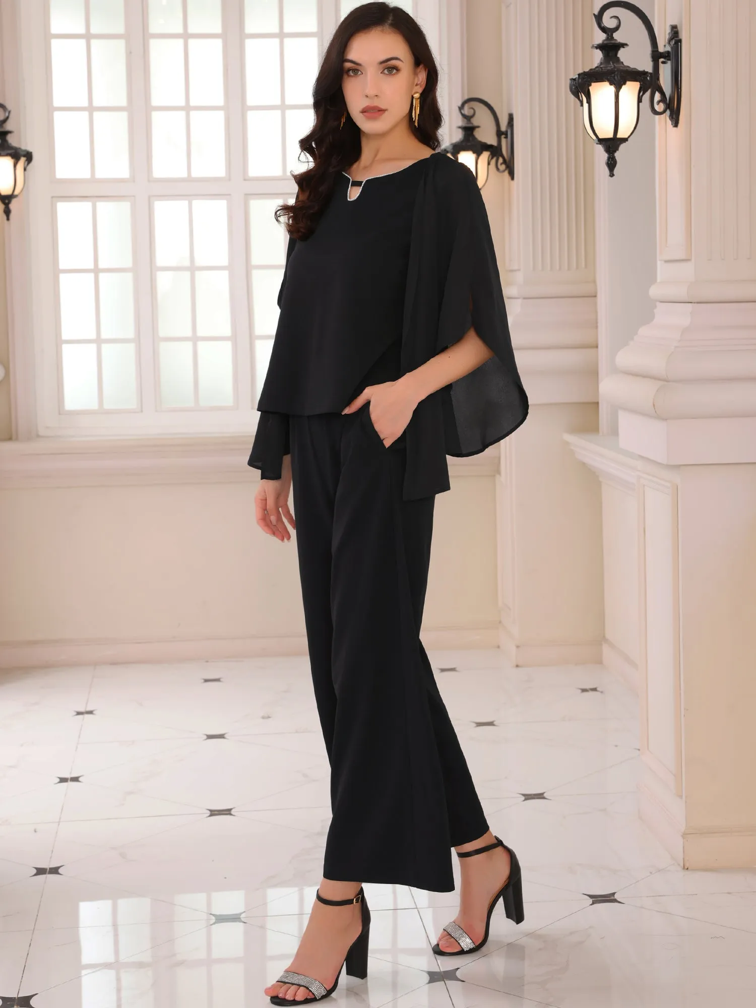 Women's 2 Pieces Sets Elegant Chiffon Sleeve Top Wide Legs Pants Mother of Bride Set