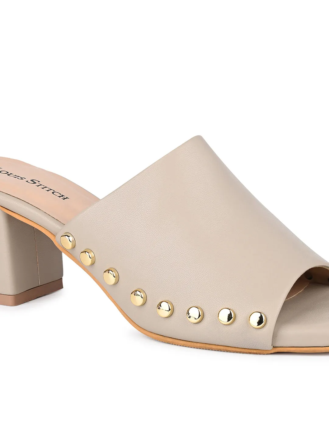 Women's Beige Block Heel Side Studds Lightweight Sandals