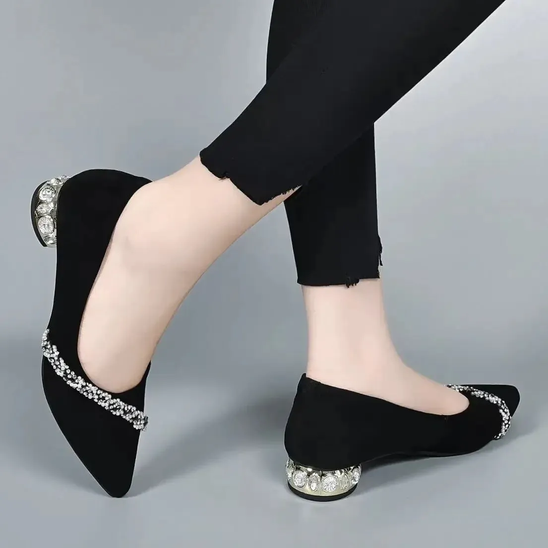 Women's Black Pointed-Toe Career Shoes – Medium Heels with Rhinestone Crystals for Work & Elegance
