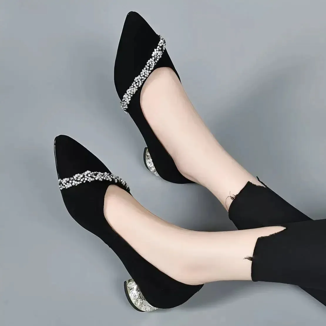 Women's Black Pointed-Toe Career Shoes – Medium Heels with Rhinestone Crystals for Work & Elegance