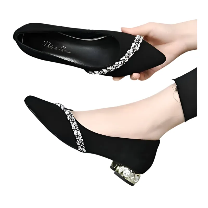 Women's Black Pointed-Toe Career Shoes – Medium Heels with Rhinestone Crystals for Work & Elegance