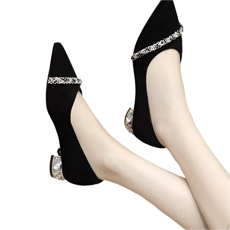 Women's Black Pointed-Toe Career Shoes – Medium Heels with Rhinestone Crystals for Work & Elegance