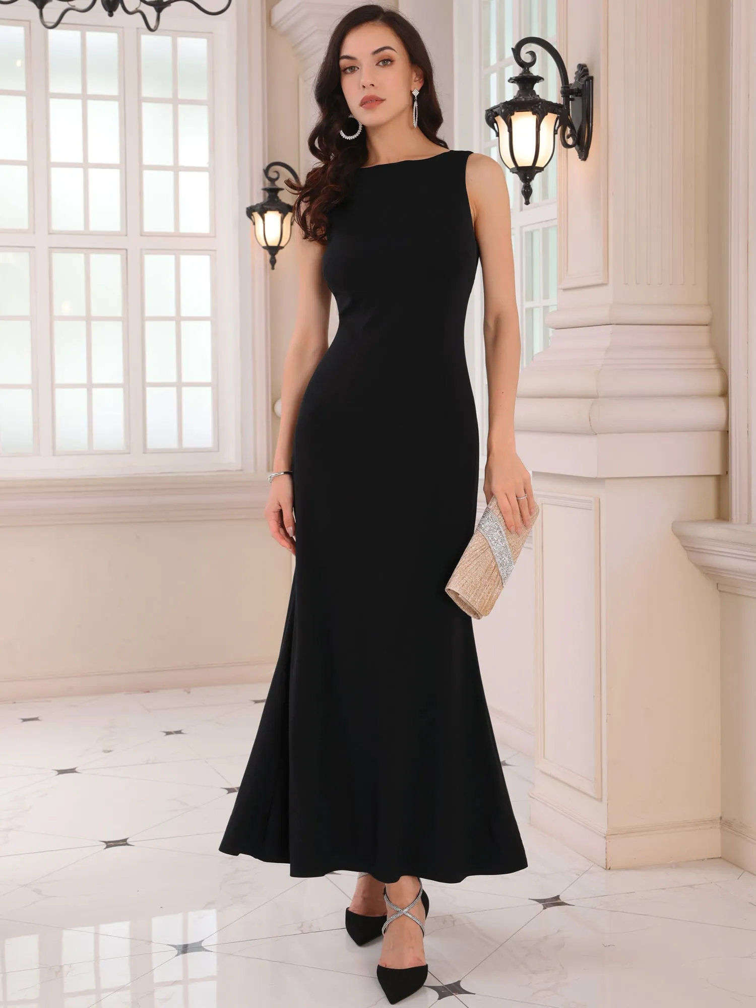 Women's Boat Neck Dresses Sleeveless Elegant Cocktail Maxi Dress