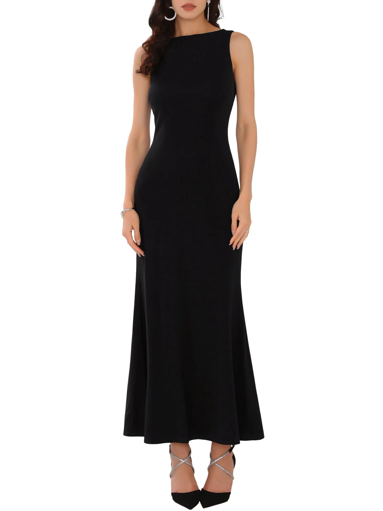 Women's Boat Neck Dresses Sleeveless Elegant Cocktail Maxi Dress