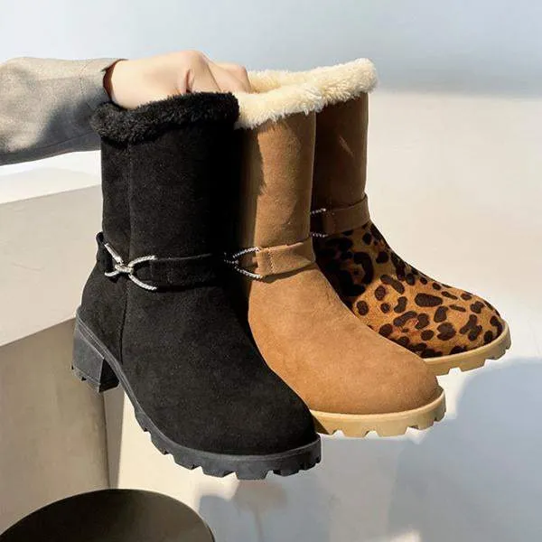 Women's Casual Leopard Print Buckle Block Heel Snow Boots