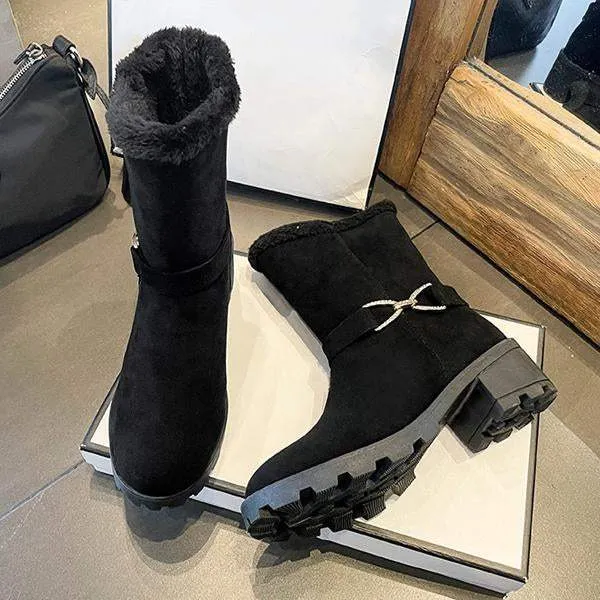Women's Casual Leopard Print Buckle Block Heel Snow Boots