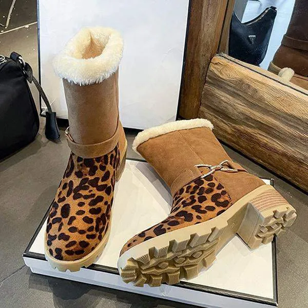 Women's Casual Leopard Print Buckle Block Heel Snow Boots