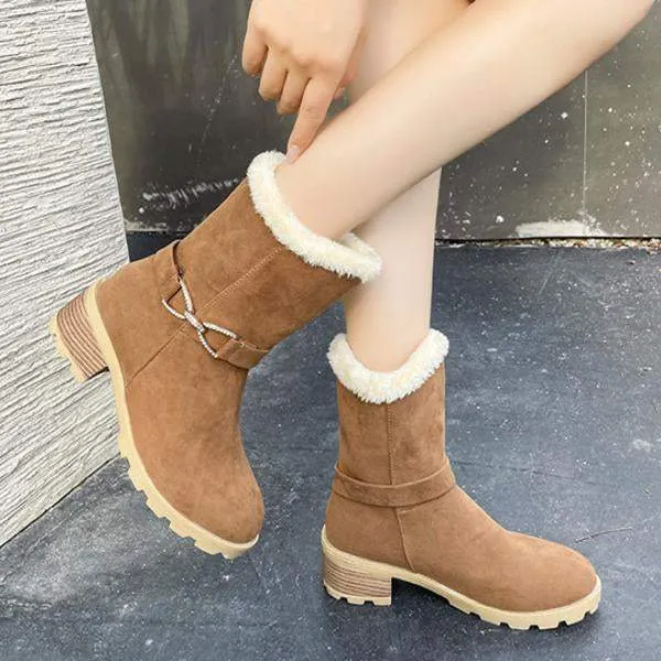 Women's Casual Leopard Print Buckle Block Heel Snow Boots