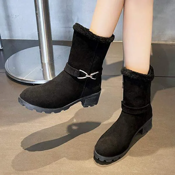 Women's Casual Leopard Print Buckle Block Heel Snow Boots