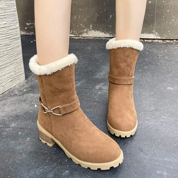 Women's Casual Leopard Print Buckle Block Heel Snow Boots