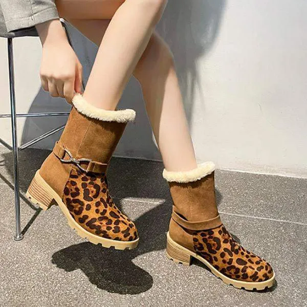 Women's Casual Leopard Print Buckle Block Heel Snow Boots