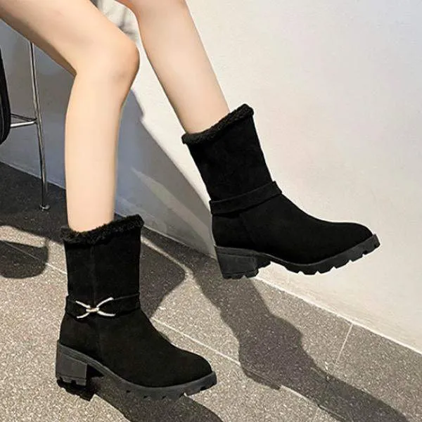 Women's Casual Leopard Print Buckle Block Heel Snow Boots