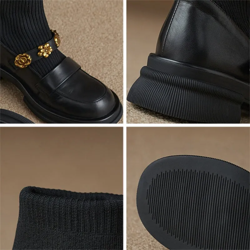 Women's Chunky Platform Round-Toe Ankle Boots – Stretch Sock Loafers With Block Heels