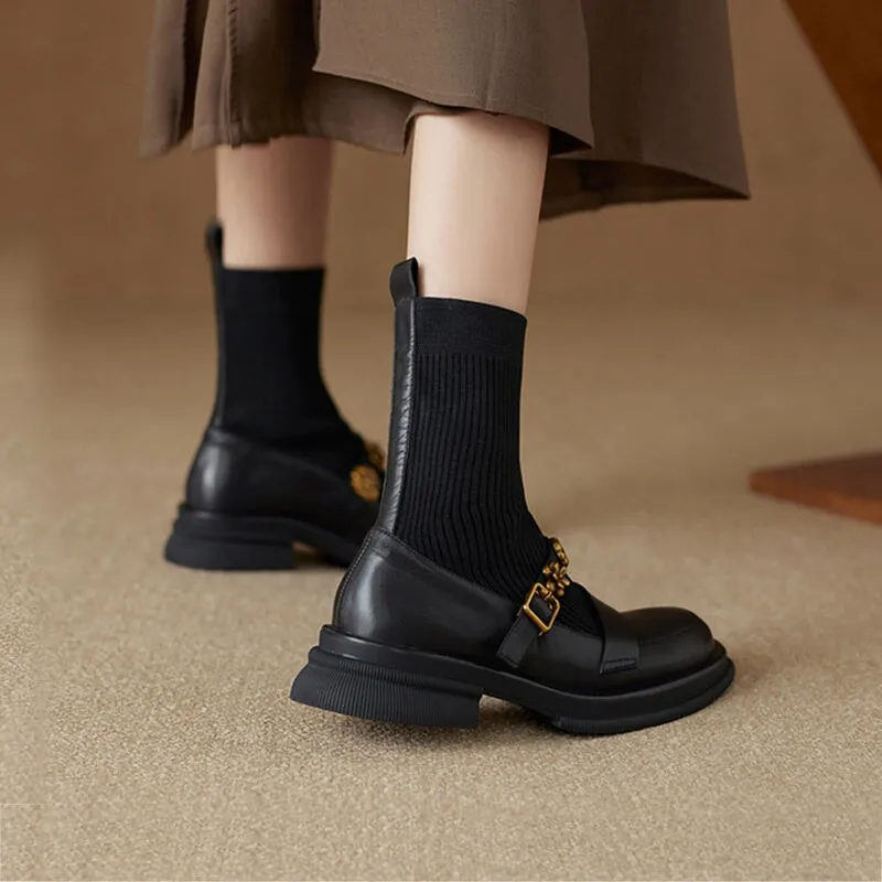 Women's Chunky Platform Round-Toe Ankle Boots – Stretch Sock Loafers With Block Heels