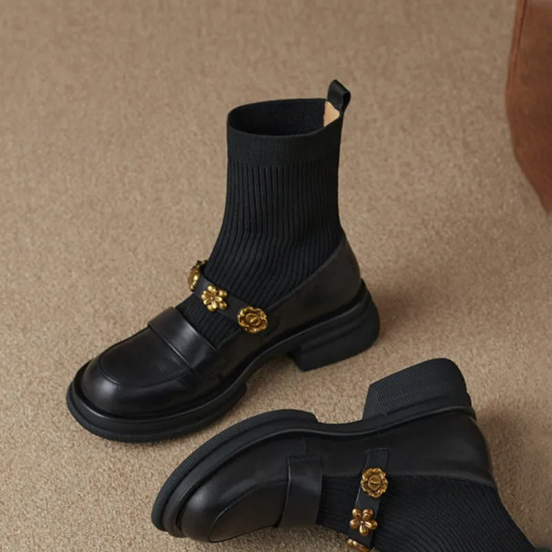 Women's Chunky Platform Round-Toe Ankle Boots – Stretch Sock Loafers With Block Heels