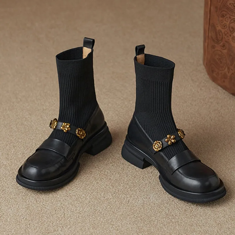 Women's Chunky Platform Round-Toe Ankle Boots – Stretch Sock Loafers With Block Heels